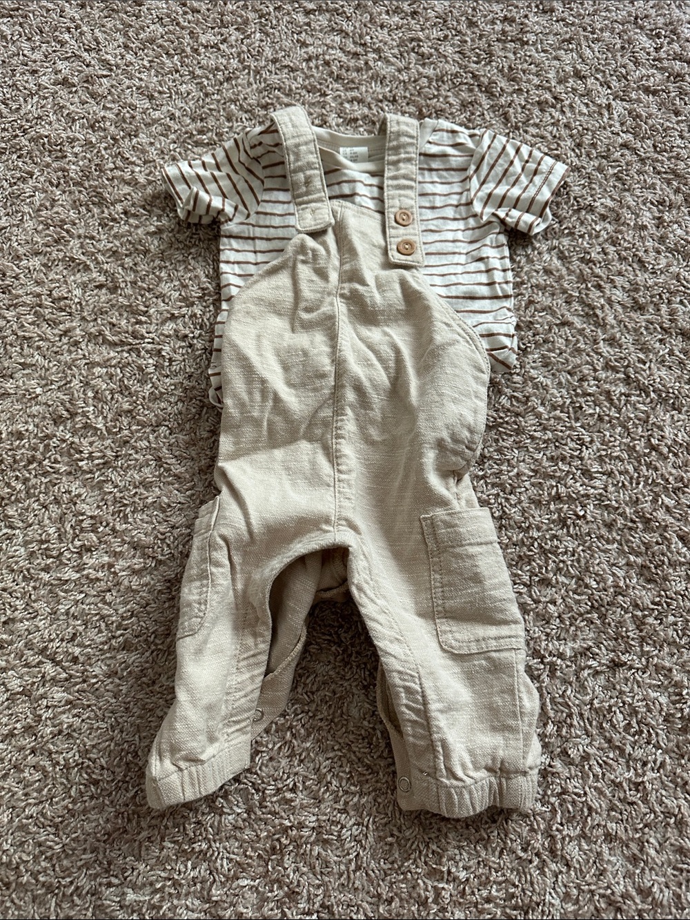 H&M Beige Overalls with Cream and Brown Striped Tee